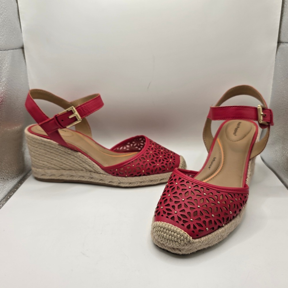 Hush Puppies PW-ROTTIE Red Leather Laser Cut Espadrille Wedge Sandals Women 8.5M
